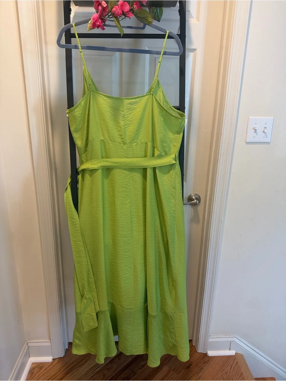 Lime Green Wrap Dress with Ruffle Side Tie Beach Vacation Dress Wedding Guess - Picture 5 of 16